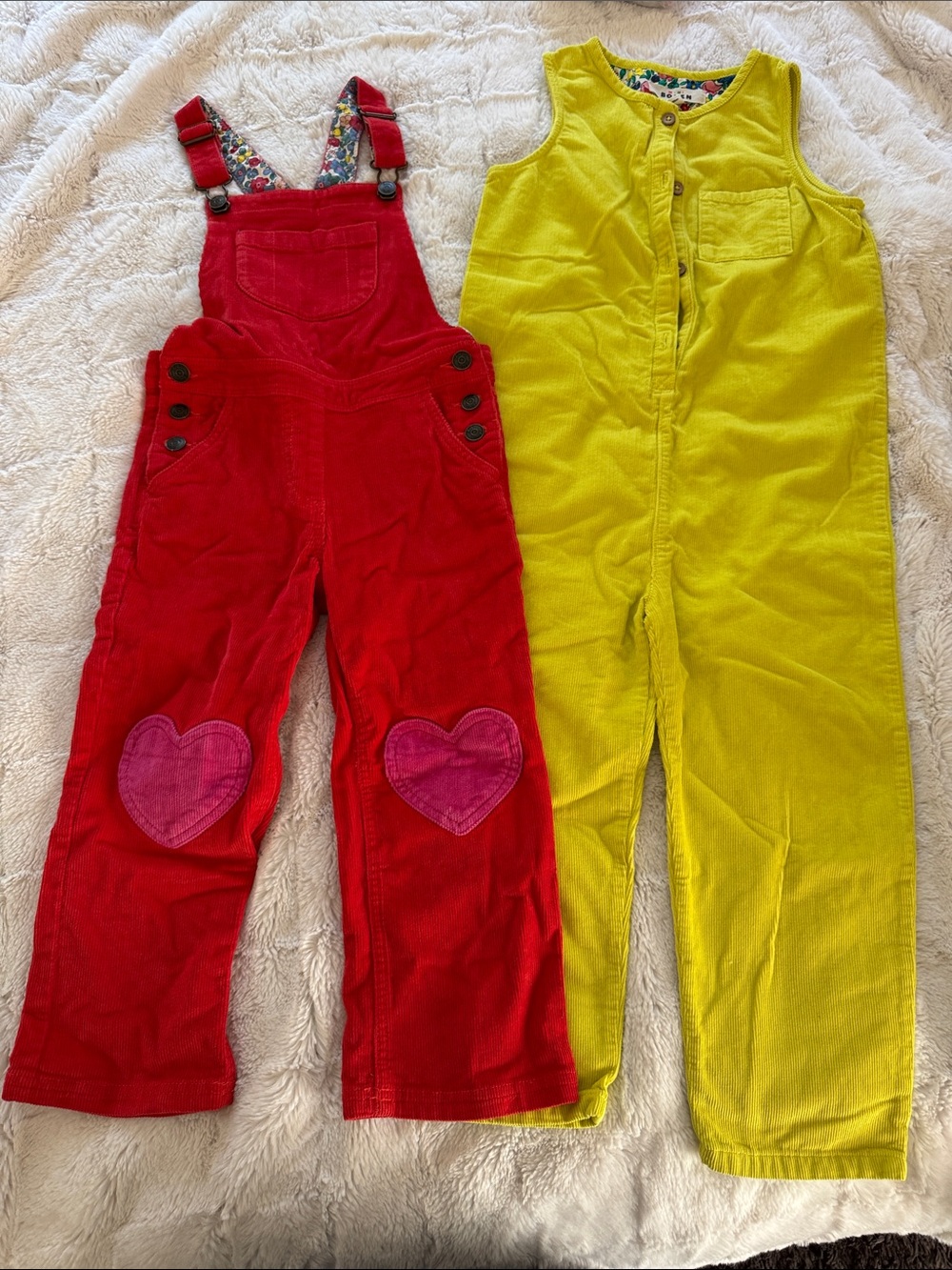 Mini Boden Kids Red Corduroy Overalls and Yellow Sleeveless Romper Set
